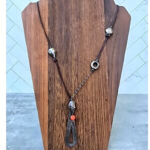 Silpada Retired Sterling Silver Leather Coral Mixed Media Pendant Necklace Boho